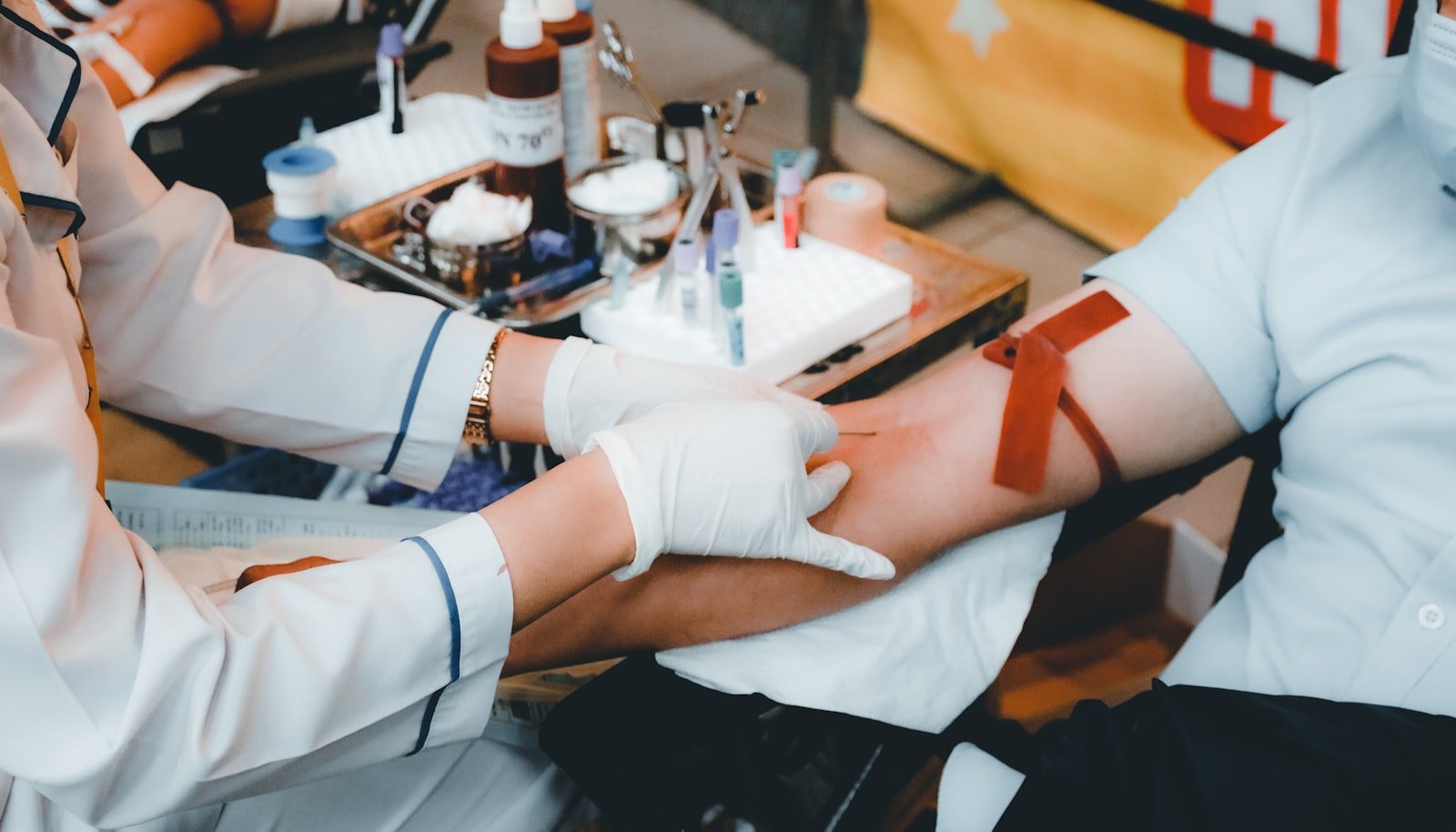A blood sample being taken at a clinic