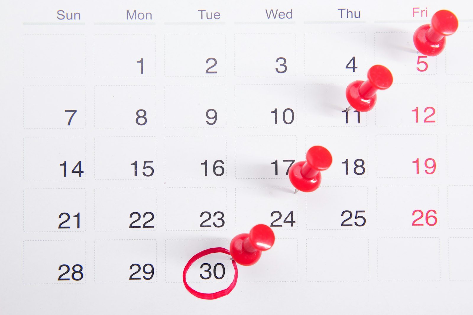 A calendar with dates marked