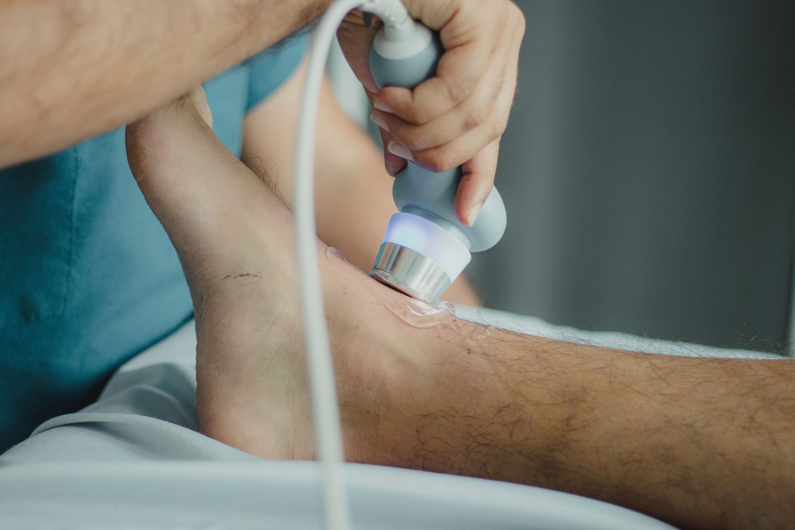 An ultrasound probe used to assess circulation in a patient lower limb
