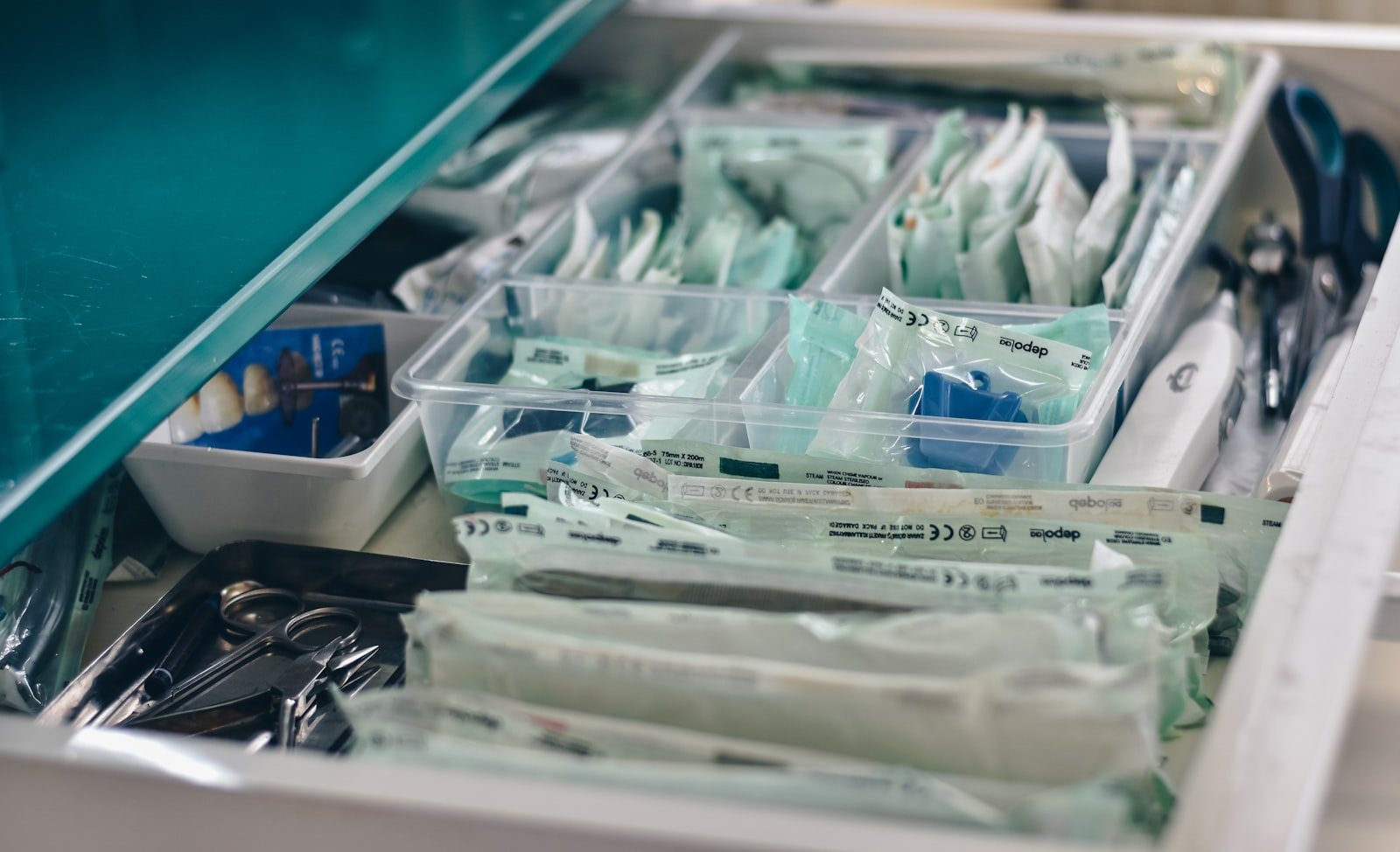 Sterile dressings and gauze on a tray