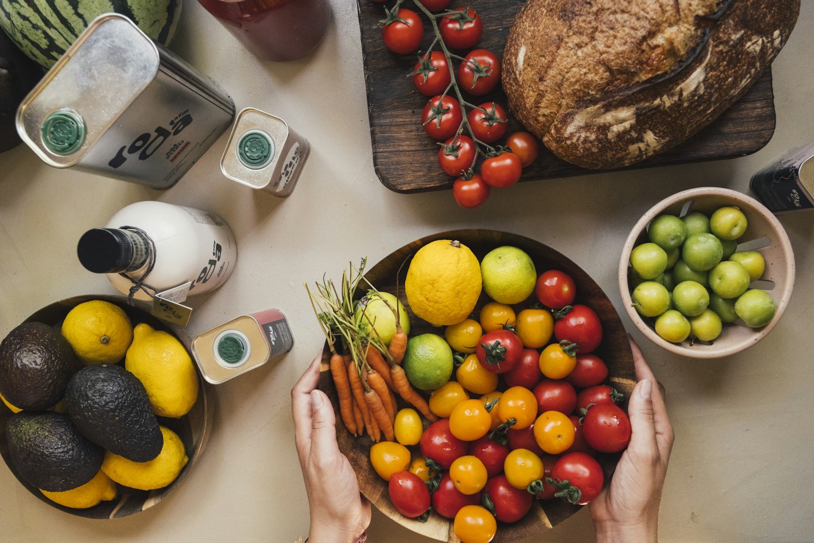 Fresh vegetables and protein ingredients on a kitchen table