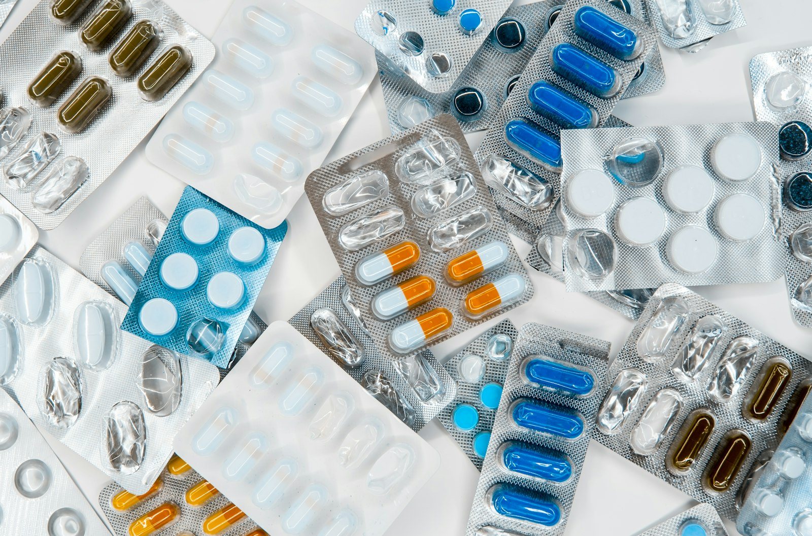 An assortment of blister-packed tablets