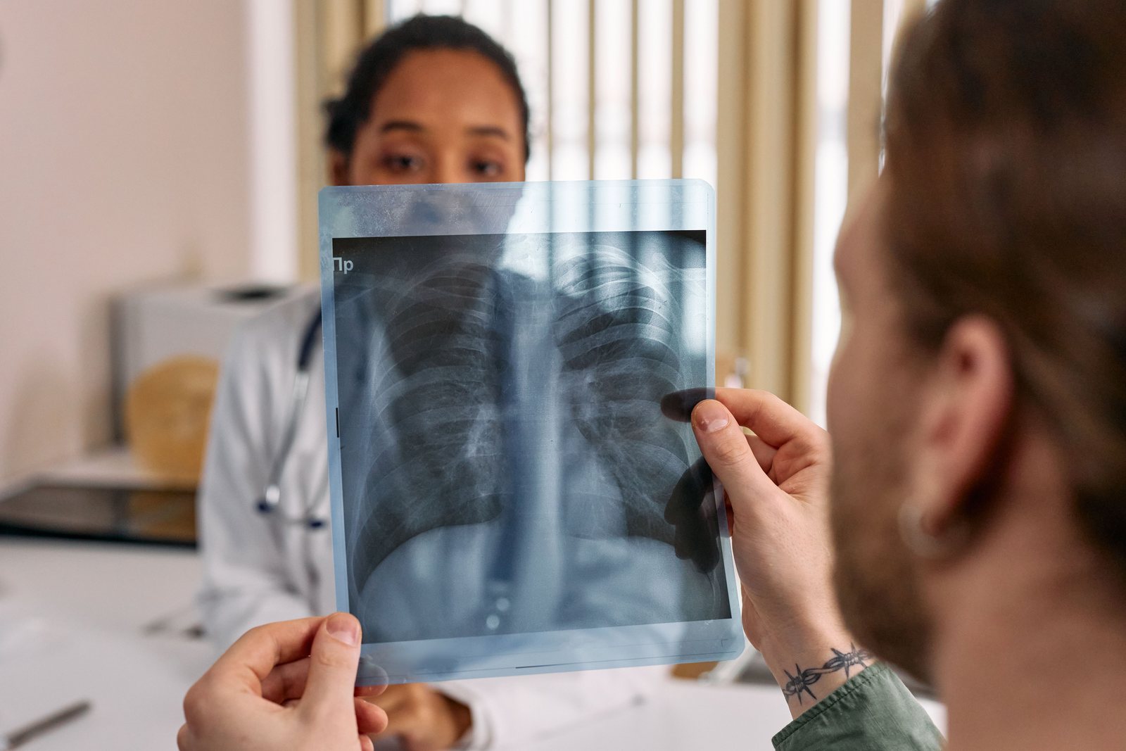 A chest X-ray showing the lungs and ribcage