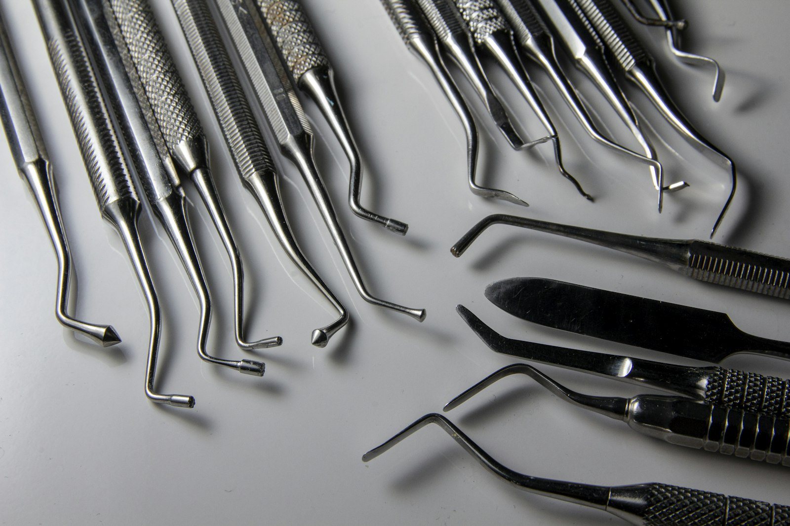 Dental instruments laid out on a surface